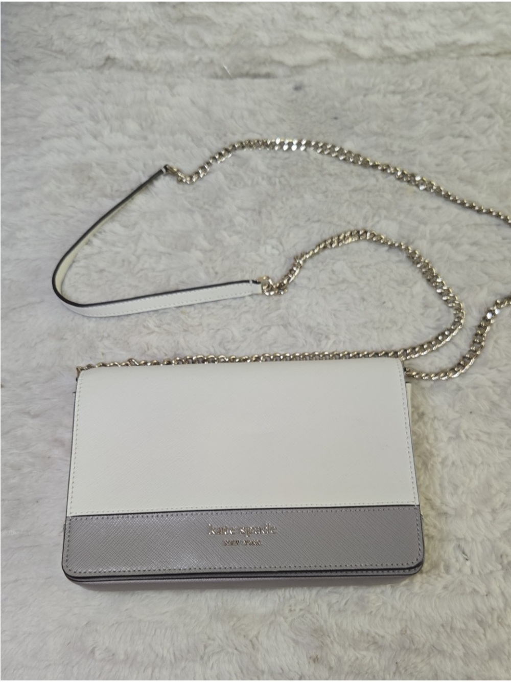 kate spade White and Light Gray Crossbody with Gold Chain